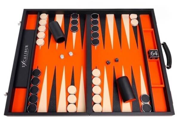 Excalibur Leather Backgammon Set - EXC03 - Black Case with Tangerine Field