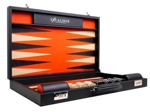 Excalibur Leather Backgammon Set - EXC03 - Black Case with Tangerine Field - Image 5