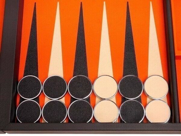 Excalibur Leather Backgammon Set - EXC03 - Black Case with Tangerine Field - Image 2