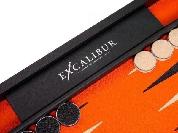 Excalibur Leather Backgammon Set - EXC03 - Black Case with Tangerine Field - Image 3