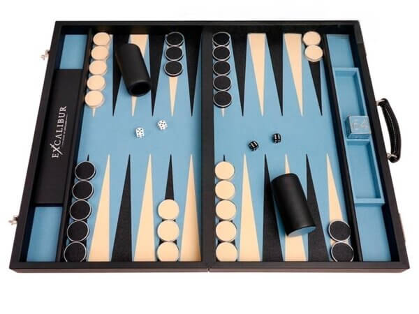 Excalibur Leather Backgammon Set - EXC04 - Black Case with Sky Blue Field