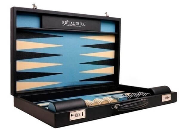 Excalibur Leather Backgammon Set - EXC04 - Black Case with Sky Blue Field - Image 2