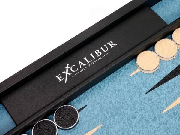 Excalibur Leather Backgammon Set - EXC04 - Black Case with Sky Blue Field - Image 4