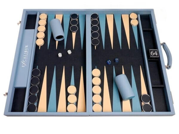 Excalibur Leather Backgammon Set - EXC05 - Haze Blue Case with Marine Field