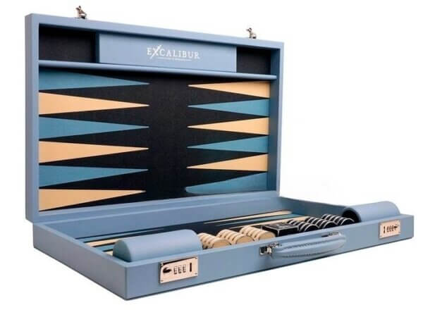 Excalibur Leather Backgammon Set - EXC05 - Haze Blue Case with Marine Field - Image 2