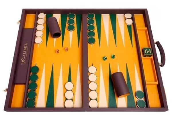 Excalibur Leather Backgammon Set - EXC06 - Mocha Case with Mustard Field