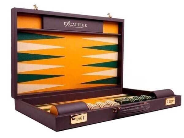Excalibur Leather Backgammon Set - EXC06 - Mocha Case with Mustard Field - Image 2