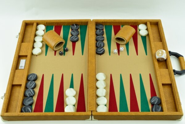 "Autumn Cognac" - Special Edition Sand-Red-Green FTH Tournament Size Backgammon Board. 45mm Checkers