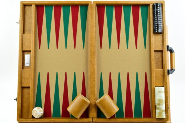 "Autumn Cognac" - Special Edition Sand-Red-Green FTH Tournament Size Backgammon Board. 45mm Checkers - Image 4