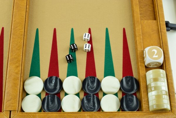 "Autumn Cognac" - Special Edition Sand-Red-Green FTH Tournament Size Backgammon Board. 45mm Checkers - Image 3