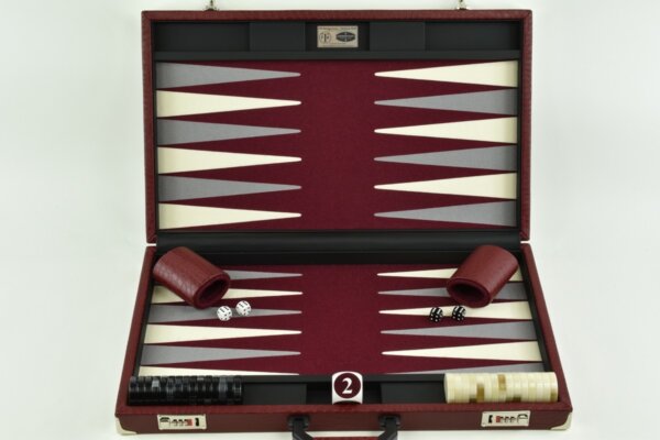 Special Edition Bordeaux Gray White FTH Tournament Size Backgammon Set. 45mm Checkers - Image 2