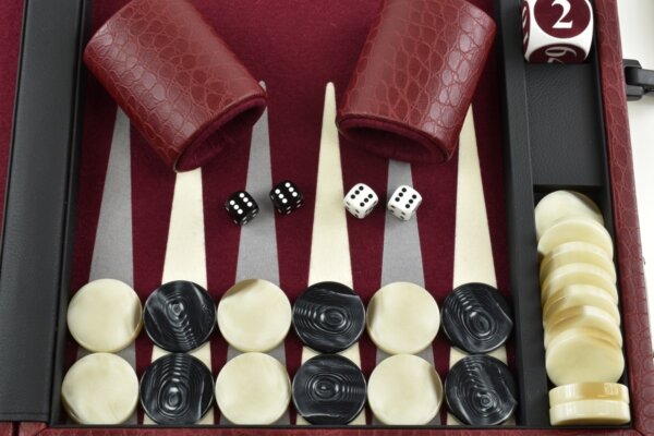 Special Edition Bordeaux Gray White FTH Tournament Size Backgammon Set. 45mm Checkers - Image 3
