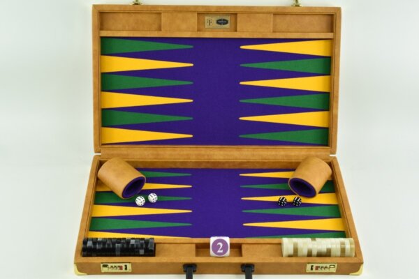 Special Edition Purple-Green-Yellow FTH Tournament Size Backgammon Board. 45mm Checkers - Image 2