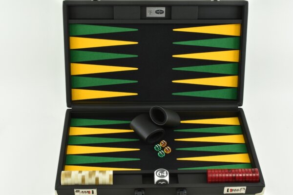 Black/ Green - Yellow FTH Tournament Size Backgammon Board. 45mm Red & White Checkers - Image 2