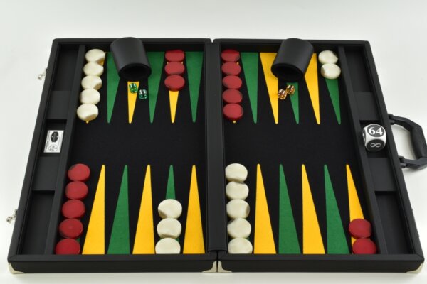 Black/ Green - Yellow FTH Tournament Size Backgammon Board. 45mm Red & White Checkers