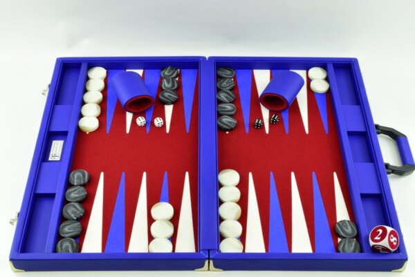 "Blue" - Special Edition Blue-Red-White FTH Tournament Size Backgammon Board. 45mm Checkers