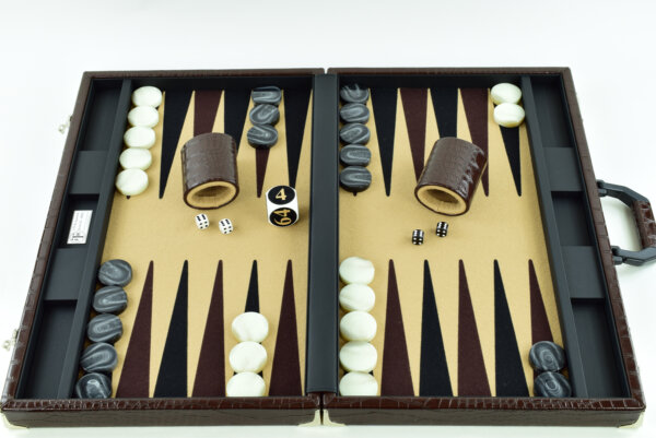 "Chocolate Crocodile" - Special Edition Sand-Brown-Black FTH Tournament Size Backgammon Board. 45mm Checkers