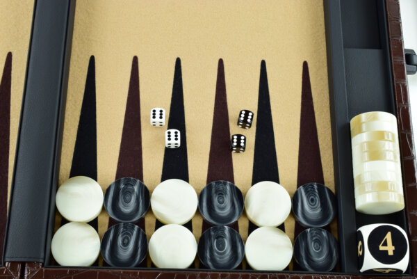 "Chocolate Crocodile" - Special Edition Sand-Brown-Black FTH Tournament Size Backgammon Board. 45mm Checkers - Image 4