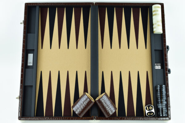 "Chocolate Crocodile" - Special Edition Sand-Brown-Black FTH Tournament Size Backgammon Board. 45mm Checkers - Image 5