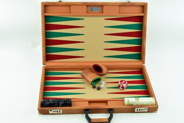 . "Embossed Leather With Alligator Pattern" - Special Edition Sand-Green-Red FTH Tournament Size Backgammon Board. 45mm Checkers - Image 2