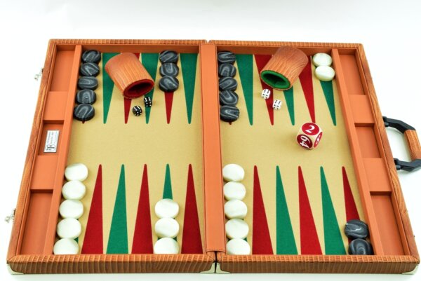 . "Embossed Leather With Alligator Pattern" - Special Edition Sand-Green-Red FTH Tournament Size Backgammon Board. 45mm Checkers