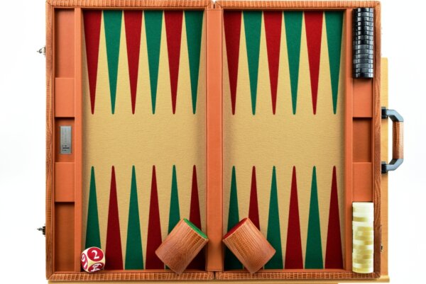 . "Embossed Leather With Alligator Pattern" - Special Edition Sand-Green-Red FTH Tournament Size Backgammon Board. 45mm Checkers - Image 4