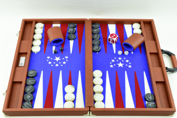 "Fazil's Gift To America" - Special Edition Blue-Red-White FTH Tournament Size Backgammon Board. 45mm Checkers