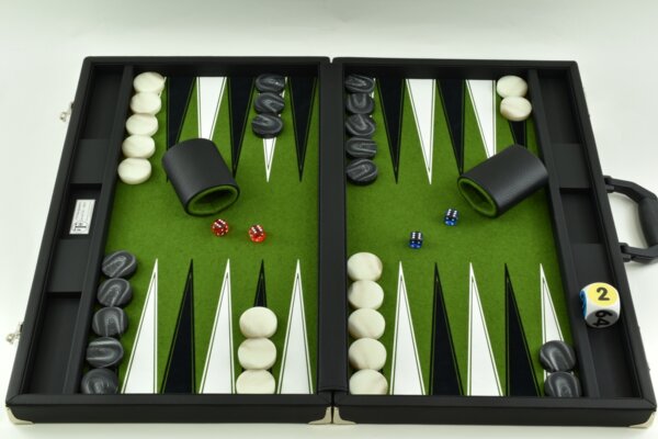 Fern Green/White/Black FTH Tournament Size Backgammon Board. 45mm Checkers