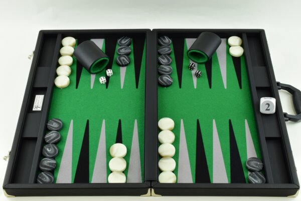 Green/Black/Gray FTH Tournament Size Backgammon Board. 45mm Checkers