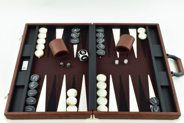"Mocha Alligator" - Special Edition Brown-Black-White FTH Tournament Size Backgammon Board. 45mm Checkers
