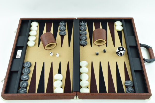 "Mocha Alligator" - Special Edition Sand-Brown-Black FTH Tournament Size Backgammon Board. 45mm Checkers