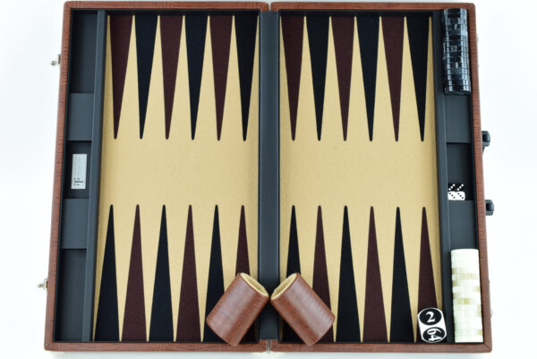 "Mocha Alligator" - Special Edition Sand-Brown-Black FTH Tournament Size Backgammon Board. 45mm Checkers - Image 4