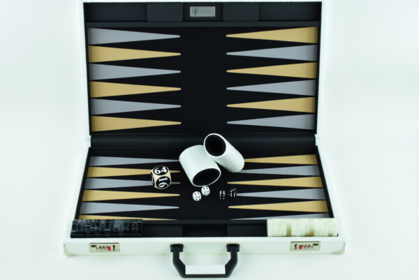 "Mother of Pearl Ostrich" - Special Edition Black-Sand-Gray FTH Tournament Size Backgammon Board. 45mm Checkers - Image 2