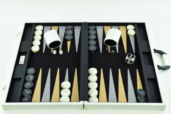 "Mother of Pearl Ostrich" - Special Edition Black-Sand-Gray FTH Tournament Size Backgammon Board. 45mm Checkers