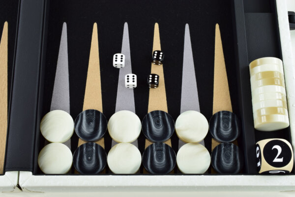 "Mother of Pearl Ostrich" - Special Edition Black-Sand-Gray FTH Tournament Size Backgammon Board. 45mm Checkers - Image 3