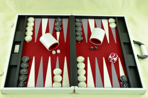 "Mother of Pearl Ostrich" - Special Edition Red-Gray-White FTH Tournament Size Backgammon Board. 45mm Checkers