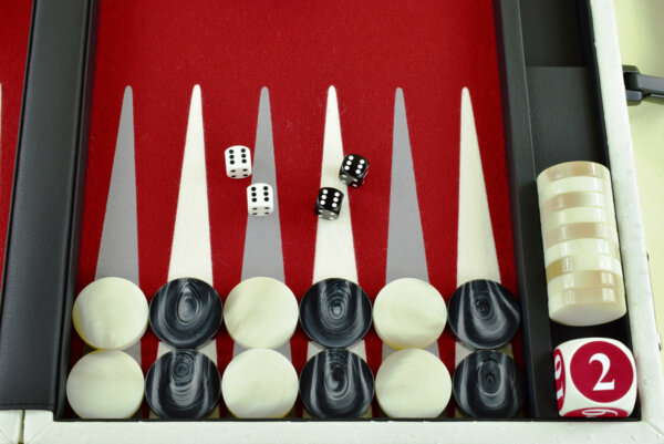 "Mother of Pearl Ostrich" - Special Edition Red-Gray-White FTH Tournament Size Backgammon Board. 45mm Checkers - Image 3