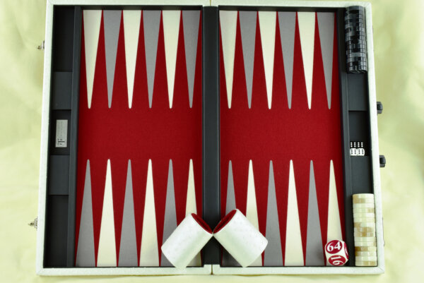 "Mother of Pearl Ostrich" - Special Edition Red-Gray-White FTH Tournament Size Backgammon Board. 45mm Checkers - Image 4