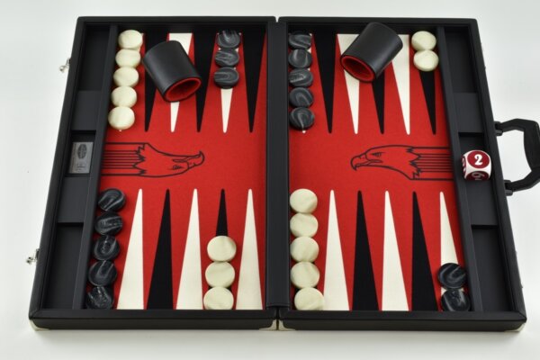 "Padded Black Leather" - Special Edition Red - Black/White, Eagle Logo, FTH Tournament Size Backgammon Board. 45mm Checkers
