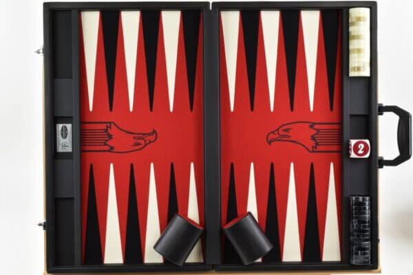 "Padded Black Leather" - Special Edition Red - Black/White, Eagle Logo, FTH Tournament Size Backgammon Board. 45mm Checkers - Image 4
