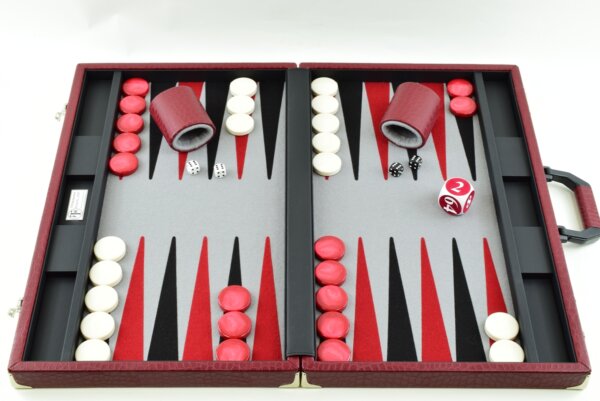 "Red Crocodile" - Special Edition Gray-Black-Red FTH Tournament Size Backgammon Board. 45mm Checkers