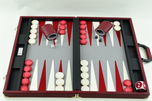 "Red Crocodile" - Special Edition Gray-White-Red FTH Tournament Size Backgammon Board. 45mm Checkers
