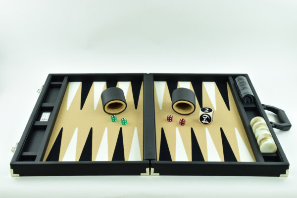 Sand-Black-White FTH Tournament Size Backgammon Board. 45mm Checkers