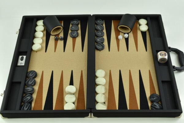 Sand/Brown/Black FTH Tournament Size Backgammon Board. 45mm Checkers