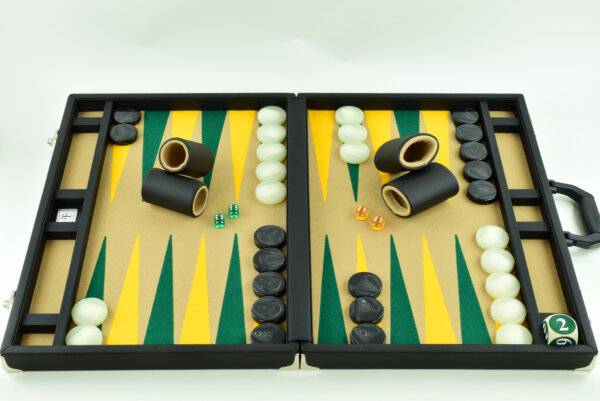 Sand-Green-Gold Jumbo FTH Backgammon Set. 50mm Checkers