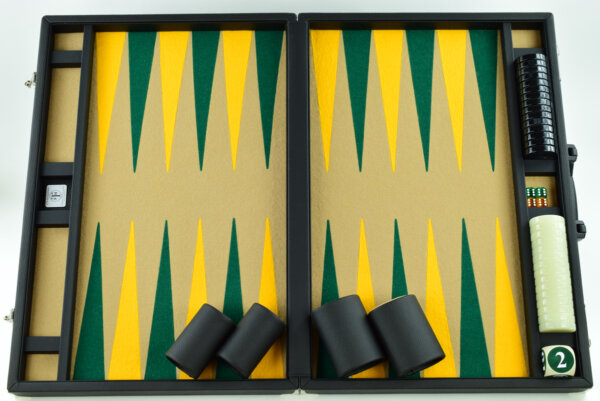 Sand-Green-Gold Jumbo FTH Backgammon Set. 50mm Checkers - Image 6