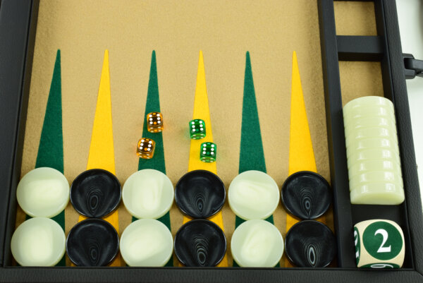 Sand-Green-Gold Jumbo FTH Backgammon Set. 50mm Checkers - Image 5