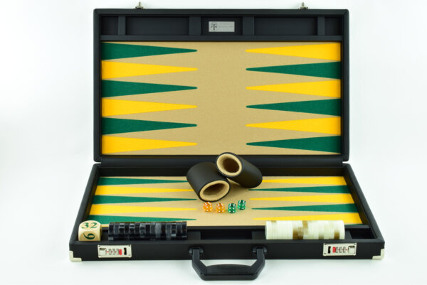 Sand/Green/Gold FTH Tournament Size Backgammon Board. 45mm Checkers - Image 2