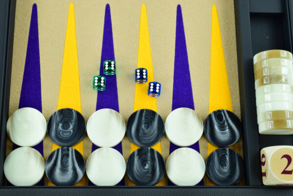 Sand/Purple/Gold FTH Tournament Size Backgammon Board. 45mm Checkers. - Image 3