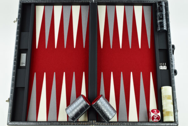 "Silver Metallic Crocodile" - Special Edition Red-Gray-White FTH Tournament Size Backgammon Board. 45mm Checkers - Image 4